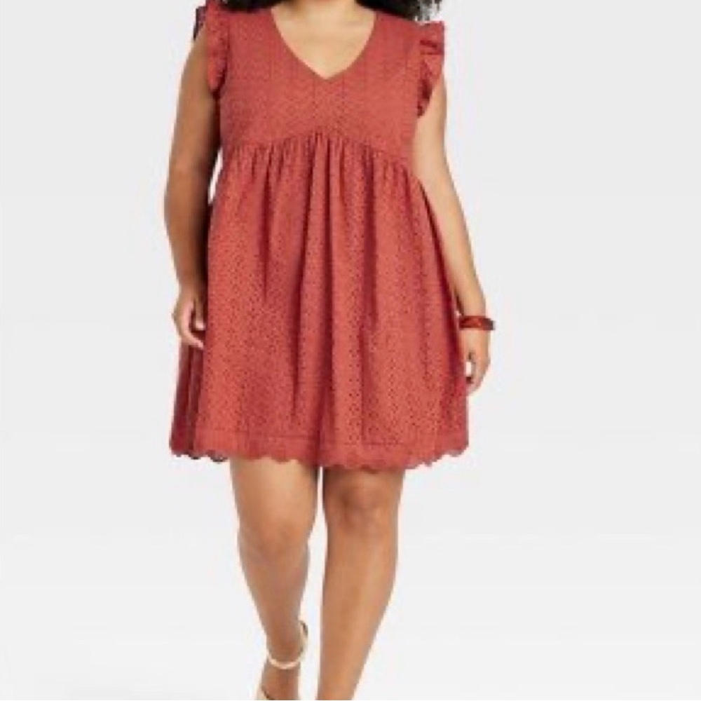 Knox Rose Ruffle Sleeve Eyelet A-Line Mini Dress in Desert Red/Burnt Orange XS